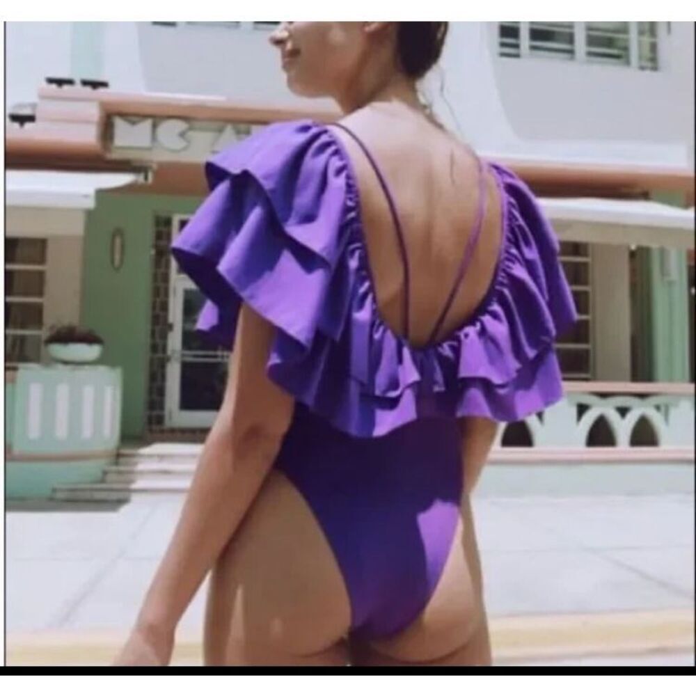 ZARA NWT Fashion Maxi Ruffle V Neck Purple Swimsuit Size S - Picture 2 of 8